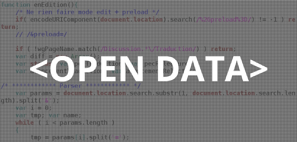 A graphic showing code obscured by a gray screen over which the tag <OPEN DATA> is overlaid in white text.