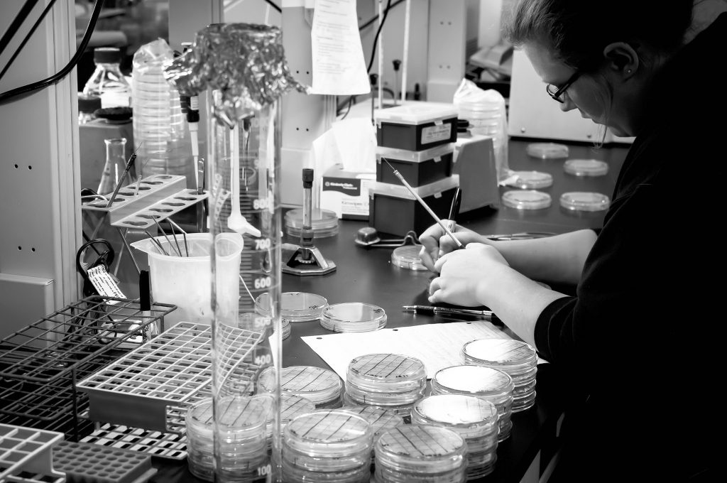 Black and white photo of a person working at a laboratory bench.