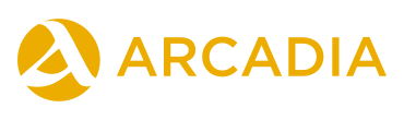 A round yellow icon with a stylized lowercase a punched out in white next to a wordmark spelling Arcadia in all capital letters.