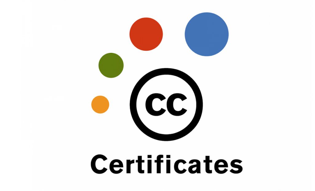 CC Certificate logo: A series of growing colored dots rising over a CC icon and the word 
