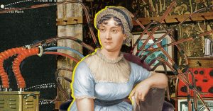 Jane Austen portrait among wires