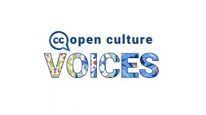CC inside a speech bubble followed by "open culture" all in mottled blue above the word "VOICES" where each letter is filled with blue, green and red decorations.