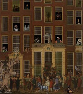 A collage of a red brick building, with various images such as paintings, photographs, and landscapes in the windows and collected outside of the front door, above which are the words: Open Culture.