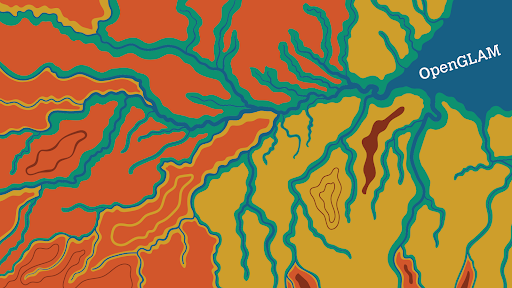 An abstract artwork that looks like a system of rivers spread out across orange and yellow land, opening to a bay with the text "OpenGLAM".
