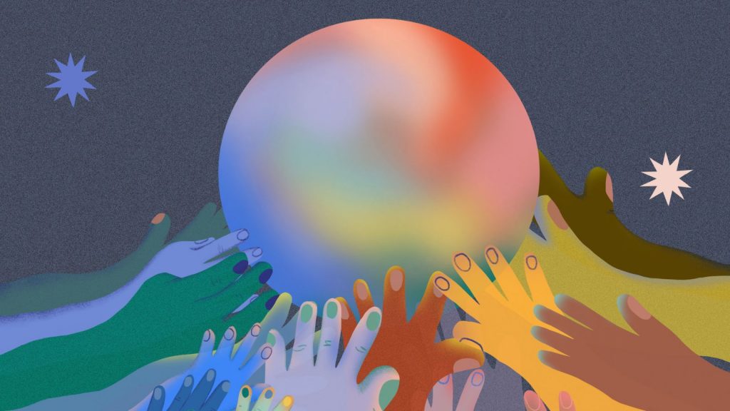 An illustration showing lots of human hands of various colors reaching together to hold up a glowing, multicolored ball.