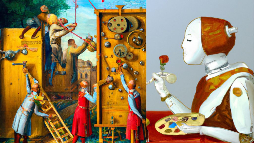 Two images generated by AI side-by-side: On the left: A brightly colorful painting in the style of Hieronymus Bosch showing vaguely human figures climbing on and attending to a wooden Medieval-looking Rube Goldberg contraption involving wheels, levers, and spheres. On the right: A white robot with a look of concentration on their face, wearing a red cap and robe, holding a painter’s palette, painting something beyond the frame with a brush that has an abstract flower growing up from its handle.