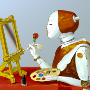 Generated by AI: A white robot with a look of concentration on their face, wearing a red cap and robe, holding a painter’s palette, painting an empty gold picture frame with a brush that has an abstract flower growing up from its handle. A bottle of brown nail polish sits near the frame on the red-draped table.