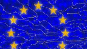 An abstract European Union flag of diffused gold stars linked by golden neural pathways on a deep blue mottled background.