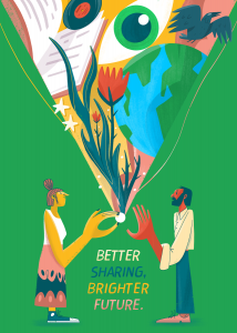 An illustration of a person handing another person a small white ball, from which opens a view of various things — flower, globe, record album, stars, bird, etc — standing over the text: "BETTER SHARING, BRIGHTER FUTURE" all on a green background.