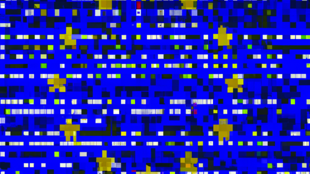A heavily pixelated blue European Union flag with pixels scattered across it in different colors.