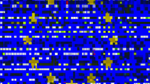  A heavily pixelated blue European Union flag with pixels scattered across it in different colors.