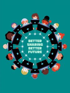 An illustration of 16 diverse cartoon people in a circle all looking at screens that are connected via glowing network lines on a glittering teal background, with white text in the center: BETTER SHARING BETTER FUTURE.