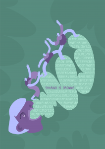 An illustration of a violet face speaking SHARING IS GROWING in stylized speech bubbles that tiny violet human figures climb across, all on a grayish-green background.