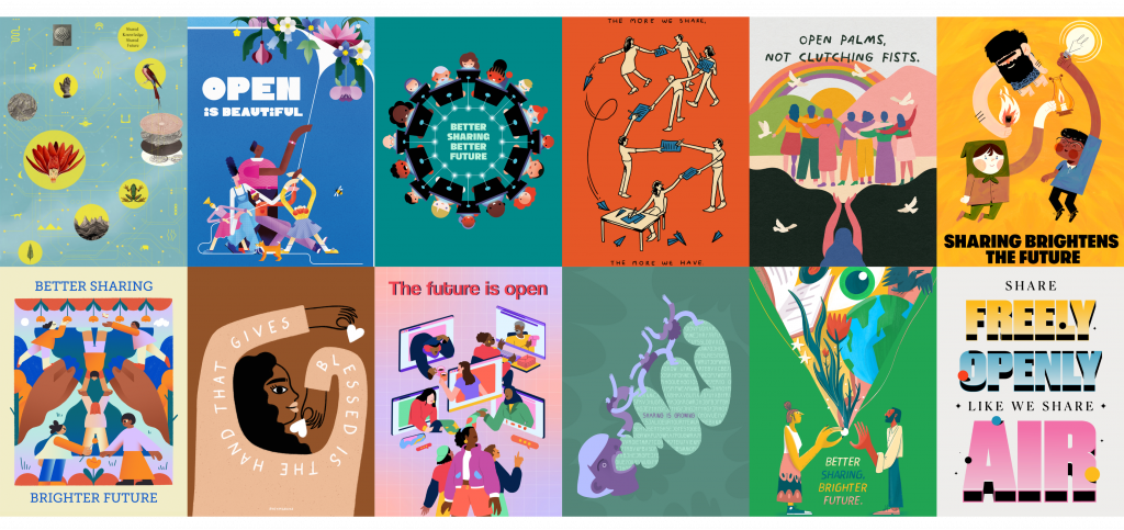 Thumbnails of 12 illustrations inspired by the question: What does better sharing for a brighter future look like to you?