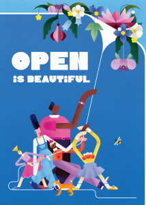 An illustration of a group of diverse people pulling on a line to peel back the blue background, revealing flowers underneath with the text: Open is Beautiful.