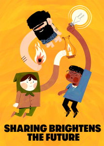 An illustration of three human figures floating in a circle, each holding a light source: a caveman with a flaming stick, someone in medieval European clothes with a candle, and someone in modern dress with an electric lightbulb, all on a bright yellow background over the text: Sharing brightens the future.
