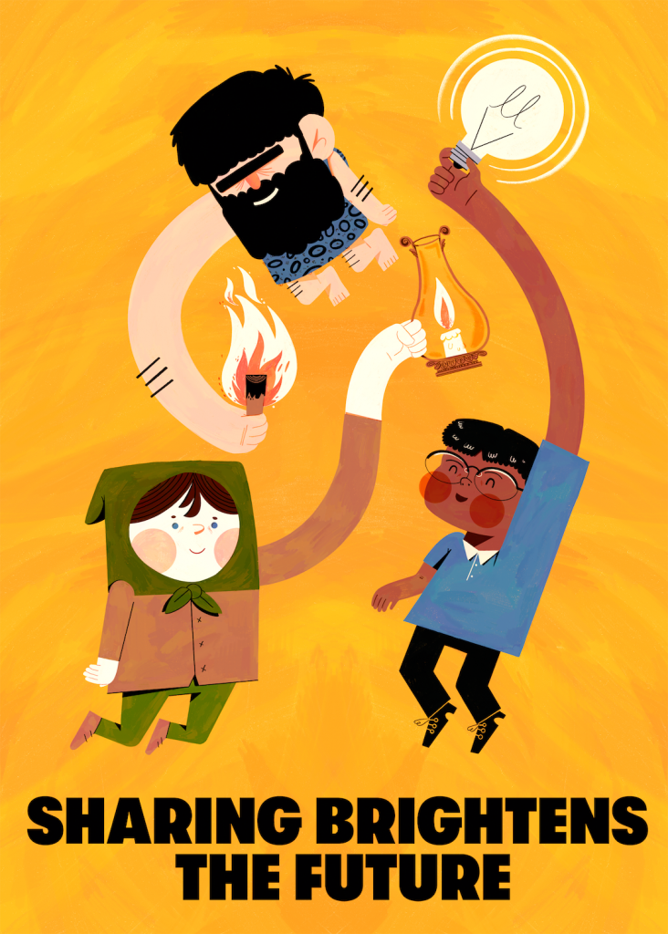 An illustration of three human figures floating in a circle, each holding a light source: a caveman with a flaming stick, someone in medieval European clothes with a candle, and someone in modern dress with an electric lightbulb, all on a bright yellow background.