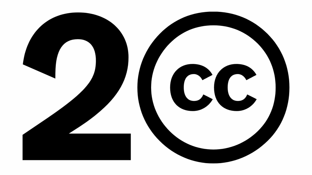 A large black and white 20, where the 0 is the Creative Commons icon.