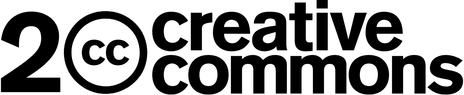A large black and white 20, where the 0 is the Creative Commons icon, followed by the Creative Commons wordmark.