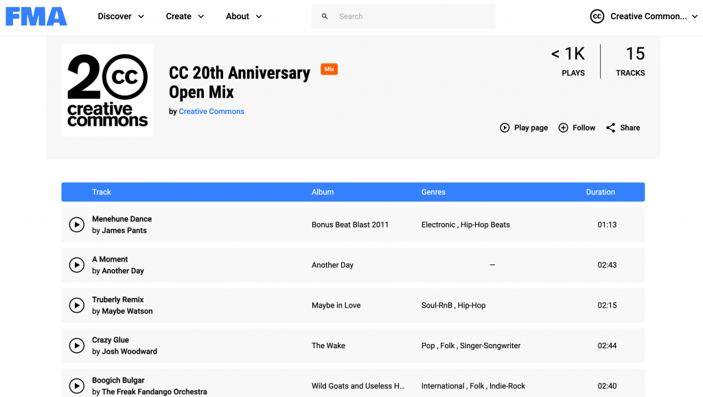 Screenshot of the Creative Commons 20th Anniversary Open Mix on the Free Music Archive, showing the 20CC logo and the first 5 tracks.