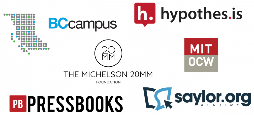 Six logos, clockwise from the upper left: BCCampus, Hypothesis, MIT OpenCourseWare, Saylor Academy, Pressbooks, and Michelson 20MM Foundation.