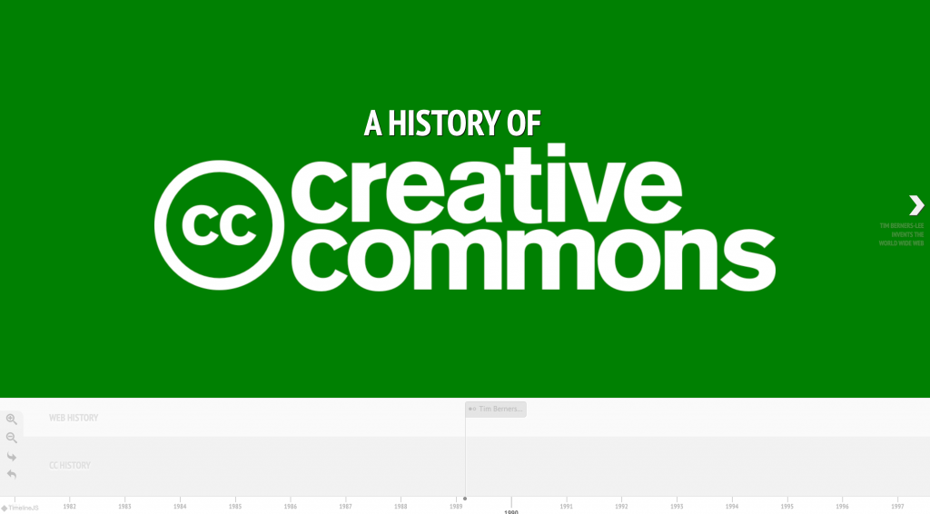 Screenshot of A History of Creative Commons Timeline, showing the Creative Commons logo in white on a green background with timeline controls at the bottom and right.