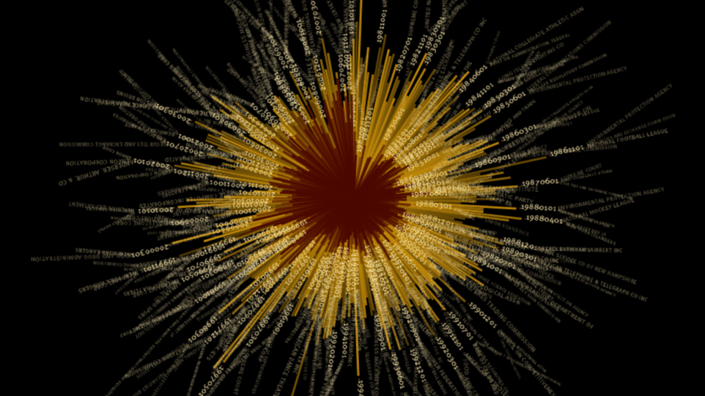 Detail of a data visualization showing numerical dates and gold and burnt umber bars of different lengths representing values emanating from the center of a radial graph that ends up looking like a starburst.