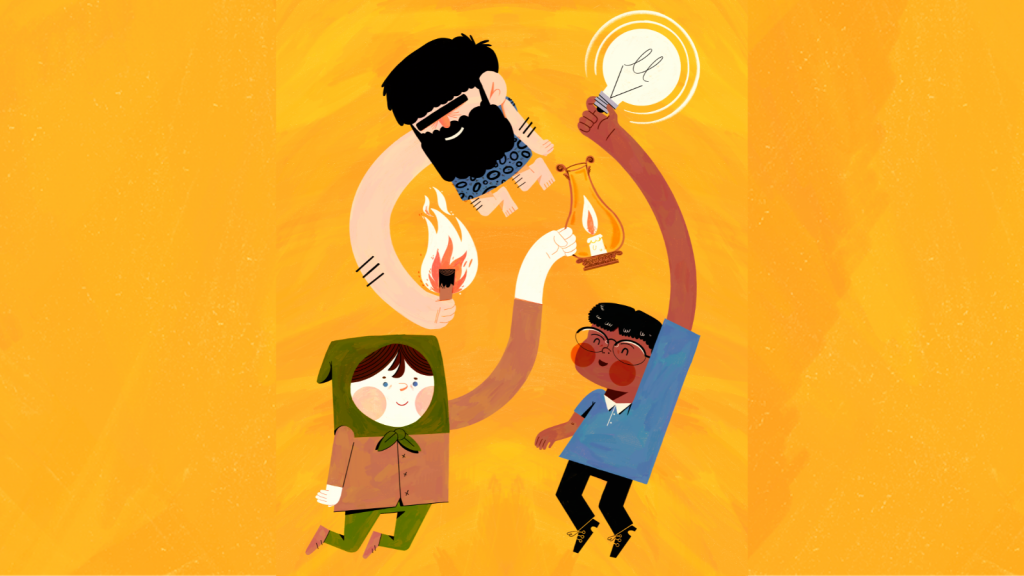 An illustration of three human figures floating in a circle, each holding a light source: a caveman with a flaming stick, someone in medieval European clothes with a candle, and someone in modern dress with an electric lightbulb, all on a bright yellow background.