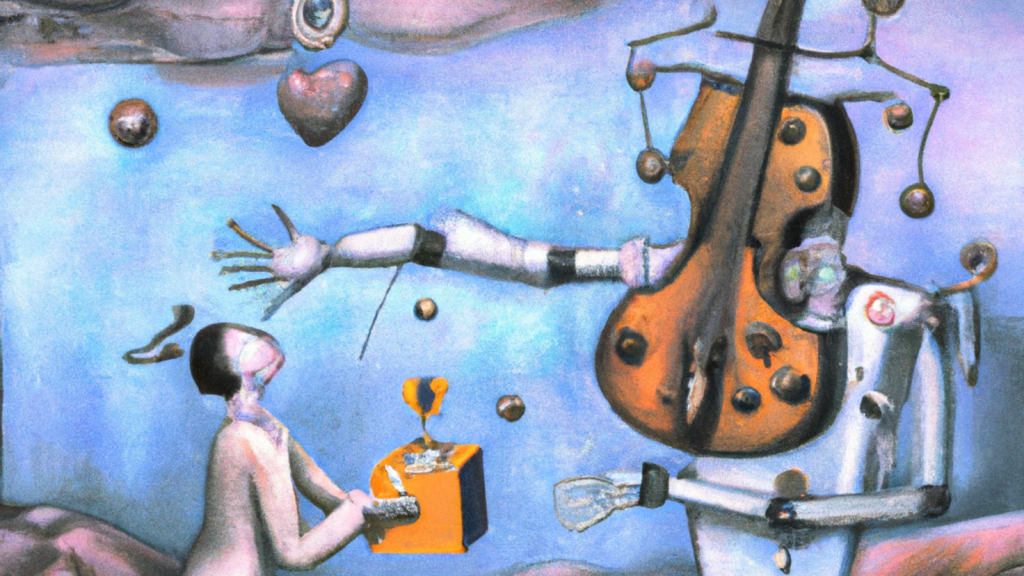 A bluish surrealist painting generated by the DALL-E 2 AI platform showing a small grayish human figure holding a gift out to a larger robot that has its arms extended and a head like a cello.