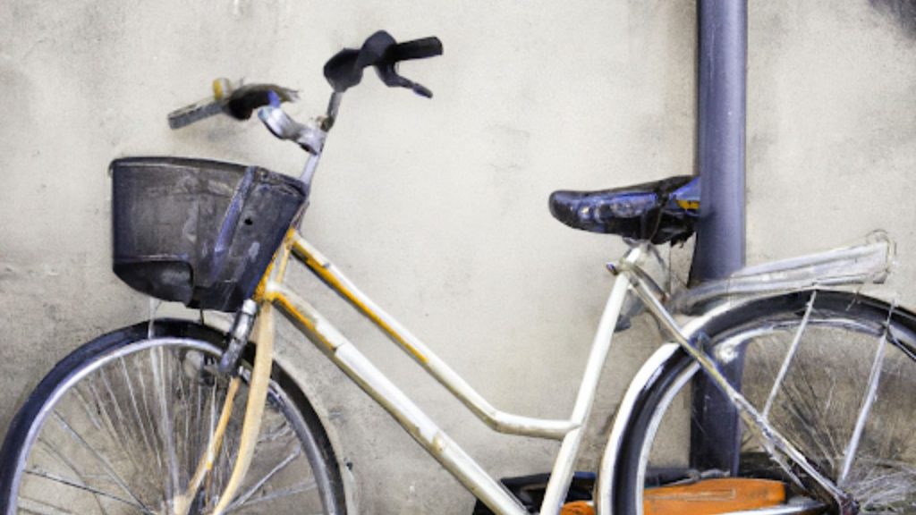 An image generated by the DALL-E 2 AI platform showing a slightly distorted yellowish-white bicycle with a basket, rear rack, and orange chain guard leaning against a brick building with a white stucco base near a gray standpipe.