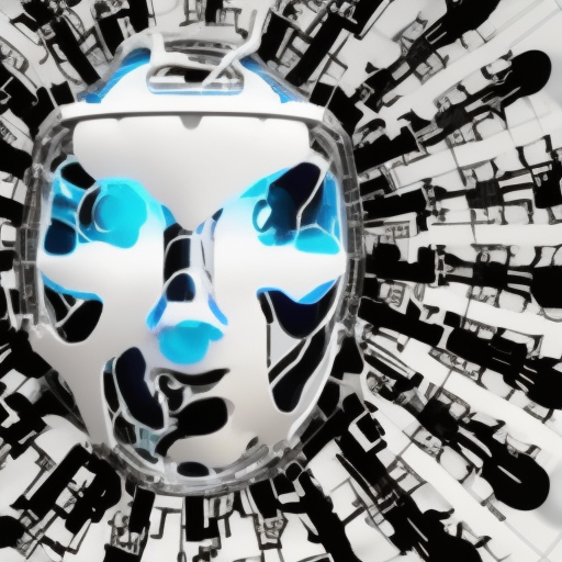 Generated by AI: A chrome-skinned robot face with a blue glow behind its eyes and nose, looking out from the inside of a complex black and white machine.