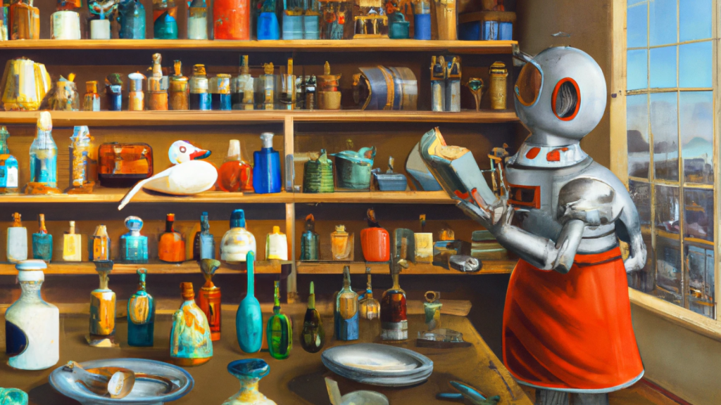 Generated by AI: An oil painting in the style of Pieter Jansz Saenredam of a robot learning to follow a recipe in a Dutch kitchen with a large collection of tiny artworks arranged haphazardly on shelves.