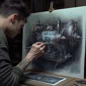 An image of an artist using a mechanical tool to create a painting with a realistic 4K resolution