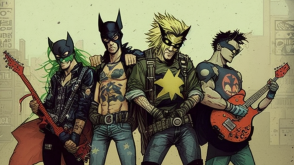 Illustration of four superheroes, wearing masks and punk outfits and two holding guitars, standing in a washed out cityscape.