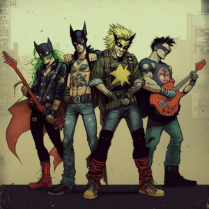 Illustration of four superheroes, wearing masks and punk outfits and two holding guitars, standing in a washed out cityscape.