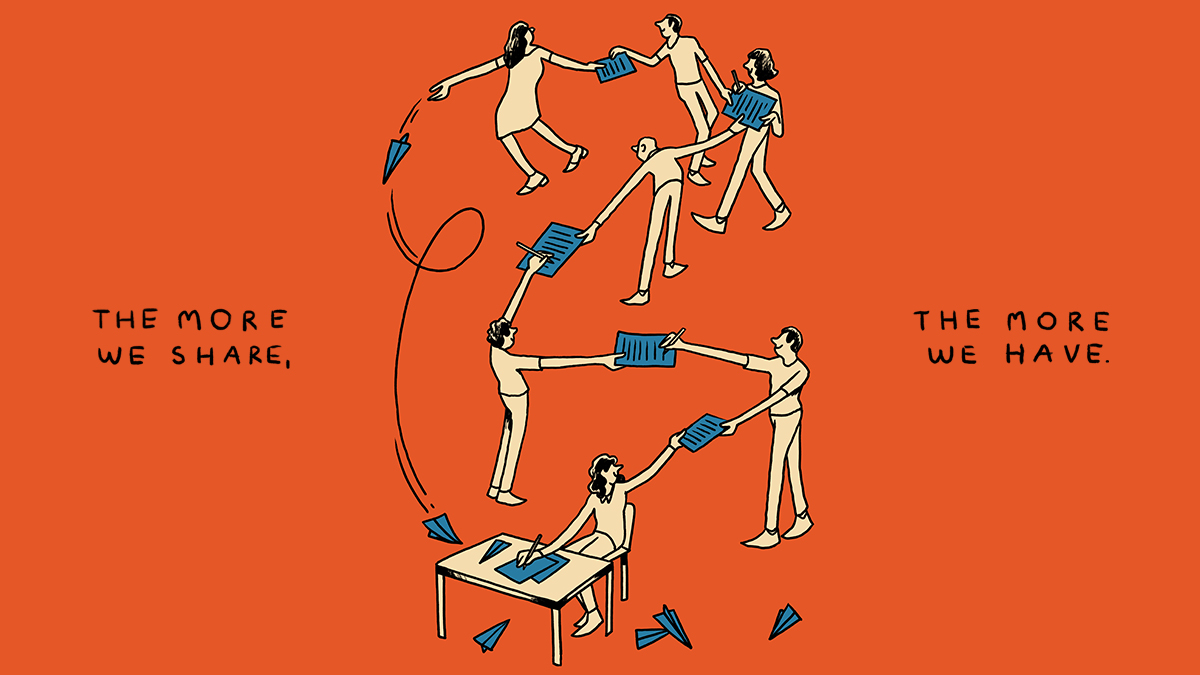 An illustration of a chain of yellowish cartoon people passing blue pages hand-to-hand, with some writing on the pages as they pass, as blue paper airplanes fly down, surrounded by the text: "The more we share, the more we have.", all on a orangish -red background.