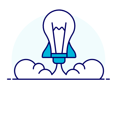Icon of a bulb that looks like a rocket taking flight with smoke below