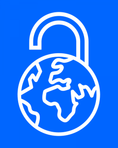 A white Open Climate Culture icon on a bright blue background: An stylized open padlock where the body is a globe with outlines of continents.