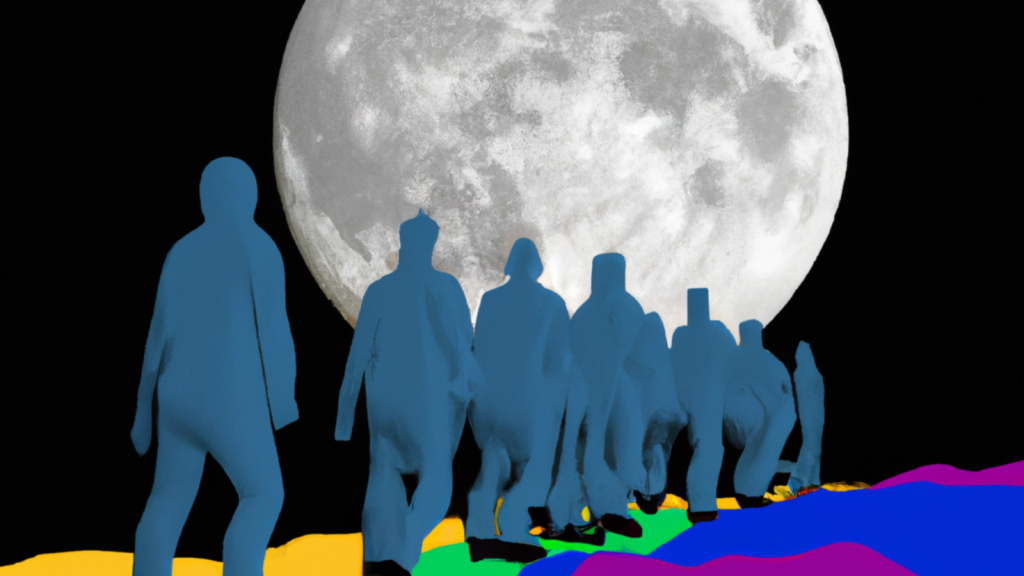 An AI generated image of a group of individual faceless humans in all different colors walking on the lunar surface in three dimensions