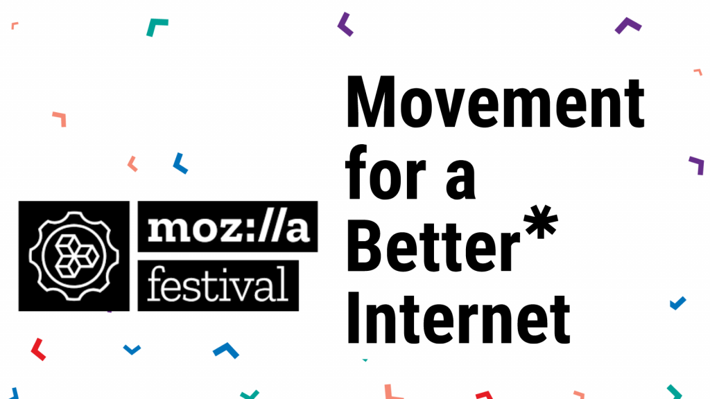 Mozilla Festival icon and wordmark and Movement for a Better Internet wordmark on a background of multicolored, differently-sized carets pointing in different directions.