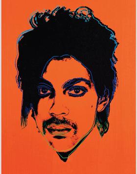 An orange and black Andy Warhol silk-screen painting of Prince, circa 1984.