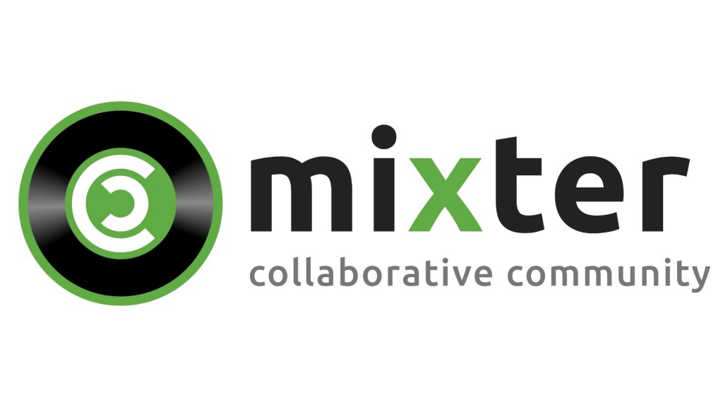 The ccMixter logo: A black record with a green border and a white reversed, nested C inside a larger white C on a green center, all to the left of a lowercase “mixter” in gray with the X green, above “collaborative community” in gray.