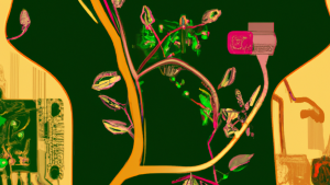 Generated by AI: An abstract green, gold, and pink illustration of plants and circuit boards.