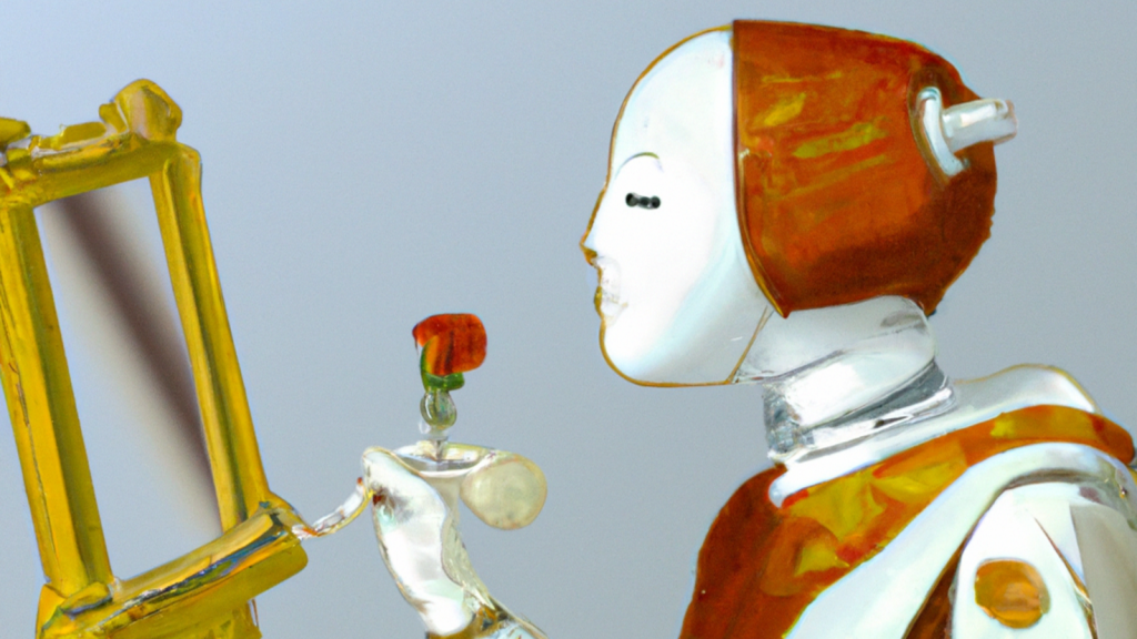 Generated by AI: A white robot with a look of concentration on their face, wearing a red cap and robe, painting an empty gold picture frame with a brush that has an abstract flower growing up from its handle.