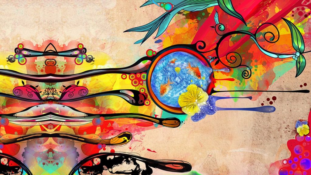 A vibrant, colorful abstract image, including color splashes, ink drawings, goldfish and flowers.