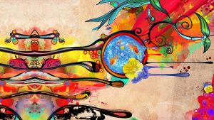  A vibrant, colorful abstract image, including color splashes, ink drawings, goldfish and flowers.