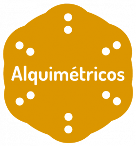 An orange rounded hexagonal icon with radiating white dots in each corner, with Alquimétricos in white text across the center.