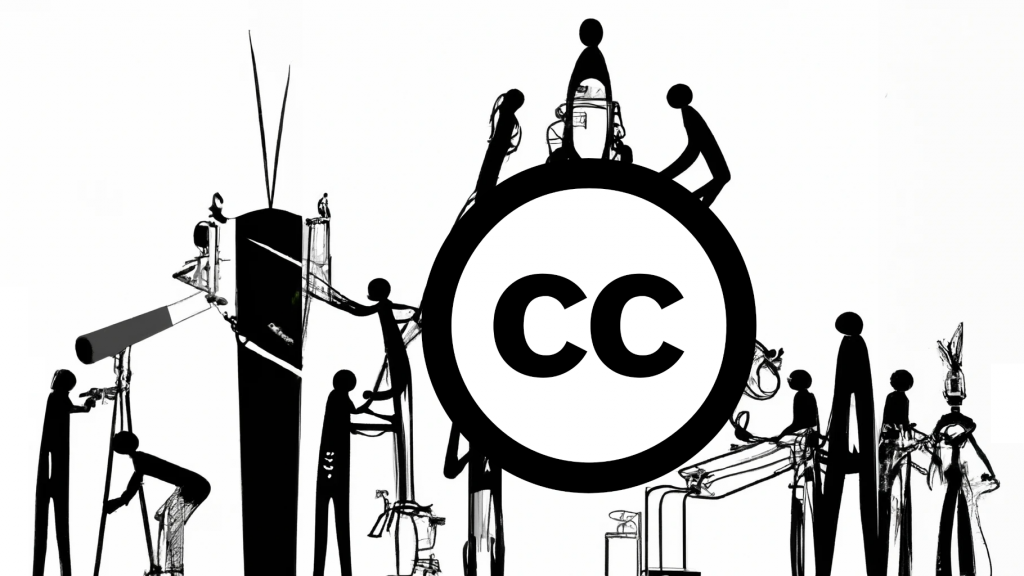 A black and white illustration of a group of human figures in silhouette using unrecognizable tools to work on a giant Creative Commons icon.