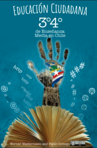 A blue book cover titled Educación Ciudadana 3º4º de Enseñanza Media en Chile, showing the figure of a human hand covered with a map of Latin America overlaid with colors from national flags rising out of a fanned-open book, surrounded by internet symbols like @, #, and http.
