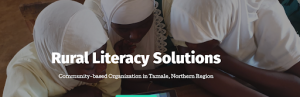 Screenshot of the website for Rural Literacy Solutions: Community-based Organization in Tamale, Northern Region, showing three human figures wearing white head scarves leaning together to look at some learning materials.